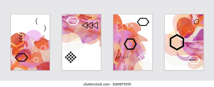 Abstract cover template with watercolor design elements. Poster with geometric shapes and multicolored transparent random overlapping shapes creating vector watercolor effect.