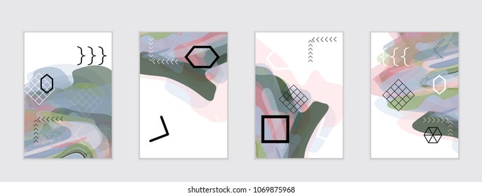 Abstract cover template with watercolor design elements. Poster with geometric shapes and multicolored transparent random overlapping shapes creating vector watercolor effect.