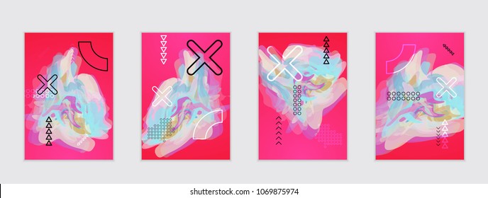Abstract cover template with watercolor design elements. Poster with geometric shapes and multicolored transparent random overlapping shapes creating vector watercolor effect.