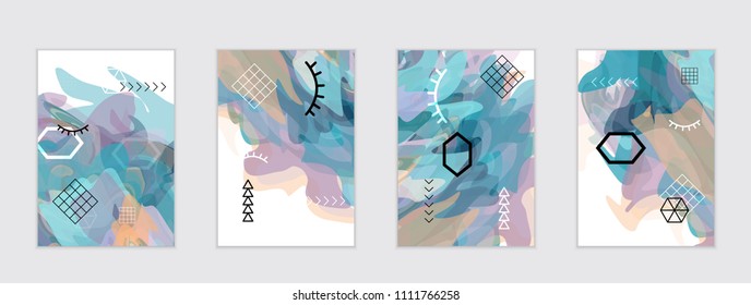 Abstract cover template with watercolor design elements. Poster with geometric shapes and multicolored transparent random overlapping shapes creating vector watercolor effect.