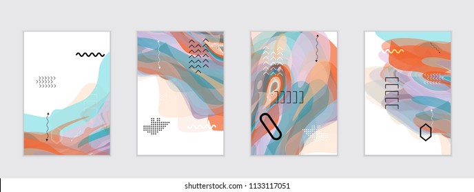 Abstract cover template with watercolor design elements. Poster with geometric shapes and multicolored transparent random overlapping shapes creating vector watercolor effect.