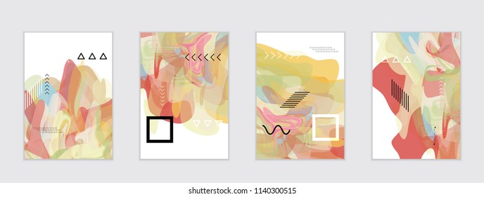 Abstract cover template with watercolor design elements. Poster with geometric shapes and multicolored transparent random overlapping shapes creating vector watercolor effect.