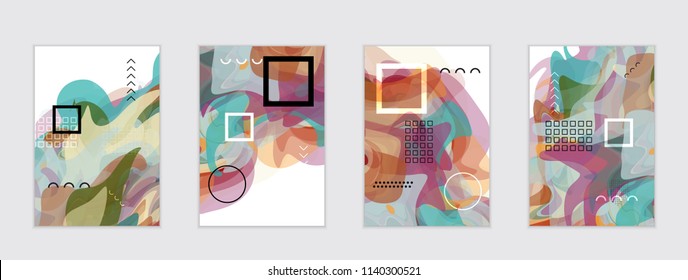 Abstract cover template with watercolor design elements. Poster with geometric shapes and multicolored transparent random overlapping shapes creating vector watercolor effect.