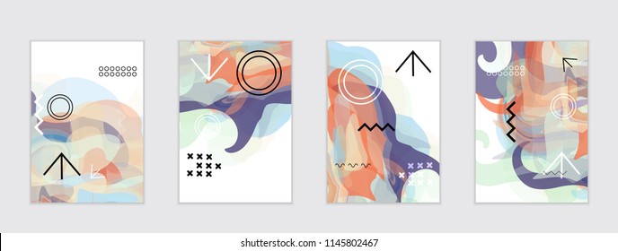 Abstract cover template with watercolor design elements. Poster with geometric shapes and multicolored transparent random overlapping shapes creating vector watercolor effect.