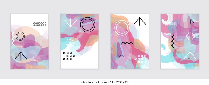 Abstract cover template with watercolor design elements. Poster with geometric shapes and multicolored transparent random overlapping shapes creating vector watercolor effect.