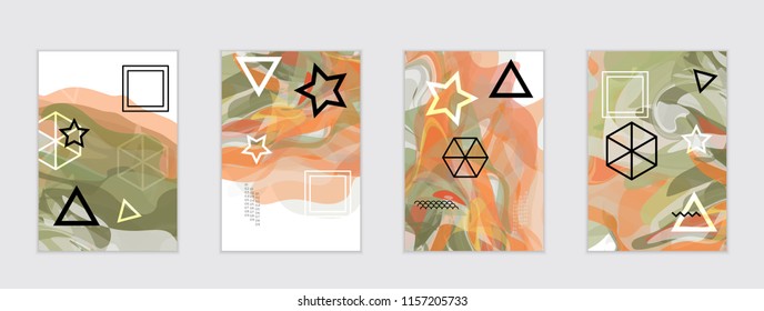 Abstract cover template with watercolor design elements. Poster with geometric shapes and multicolored transparent random overlapping shapes creating vector watercolor effect.