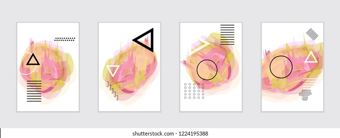 Abstract cover template with watercolor design elements. Poster with geometric shapes and multicolored transparent random overlapping shapes creating vector watercolor effect.