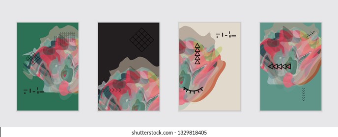 Abstract cover template with watercolor design elements. Poster with geometric shapes and multicolored transparent random overlapping shapes creating vector watercolor effect.