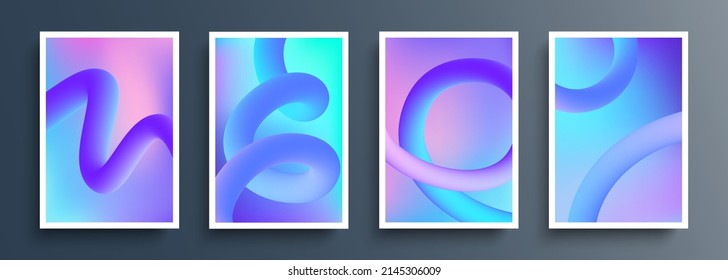 Abstract Cover Templates Set With Soft Gradient Lines. Futuristic Backgrounds With Dynamic 3d Curve Shapes And Fluid Colors For Your Graphic Design. Vector Illustration.