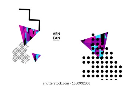 Abstract cover templates with triangle filled with bright colored stripes on white. Dynamic modern design with geometric shapes. Simple colorful futuristic elements.