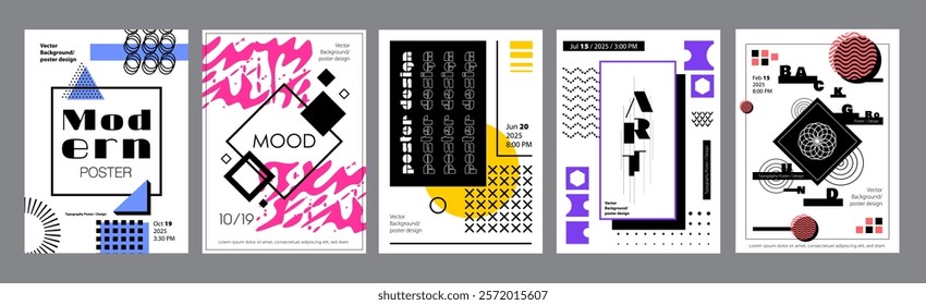 Abstract cover typography template. Posters layouts with creative artistic compositions with geometric shapes, grids, dot textures, fractals. Modern banners set in retro design. Vector illustration.