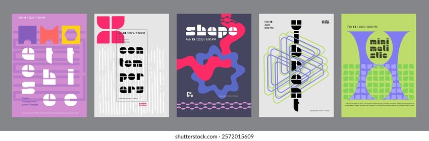 Abstract cover typography template. Posters layouts with creative bold titles, bright compositions with line grids, triangles, shapes. Social media banners set in retro design. Vector illustration.