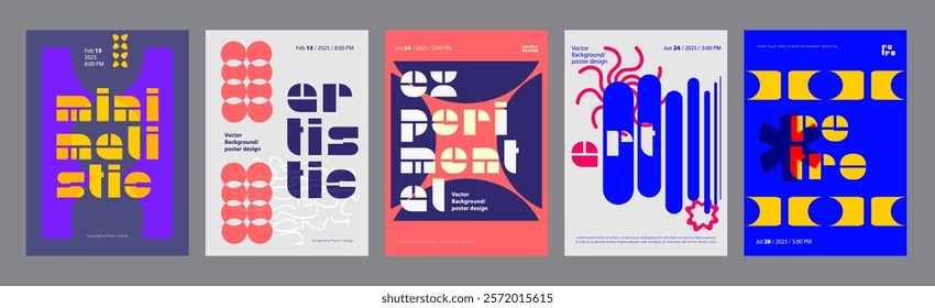 Abstract cover typography template. Posters layouts with bright colors, bold titles, bright dynamic composition in experimental style. Social media banners set in retro design. Vector illustration.