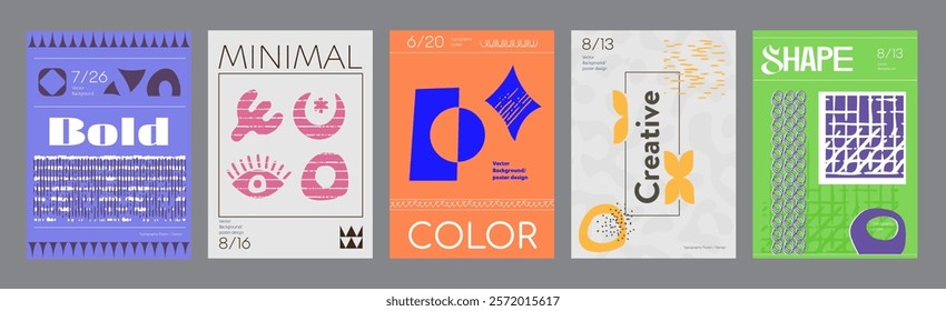 Abstract cover typography template. Posters layouts with creative bold forms, bright compositions with organic symbols and geometric shapes. Modern banners set in retro design. Vector illustration.