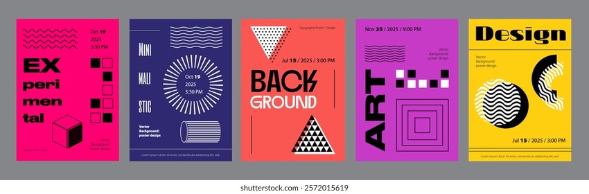 Abstract cover typography template. Posters layouts with vibrant minimal compositions with cube, cylinder, triangle, circle, simple shapes. Modern banners set in retro design. Vector illustration.