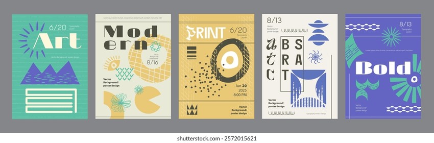 Abstract cover typography template. Posters layouts with bold forms, compositions with naive symbols, mountains, sun, eye, dots, circle, other. Modern banners set in retro design. Vector illustration.