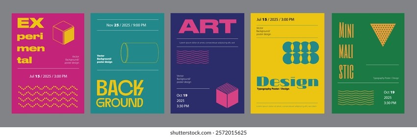 Abstract cover typography template. Posters layouts with colourful geometric simple compositions with minimalist sparse shapes and elements. Modern banners set in retro design. Vector illustration.