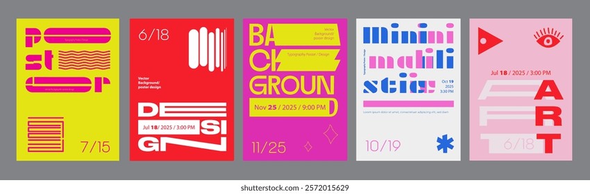 Abstract cover typography template. Posters layouts with bright visual contrast compositions with dynamic text effects and minimalist symbols. Modern banners set in retro design. Vector illustration.