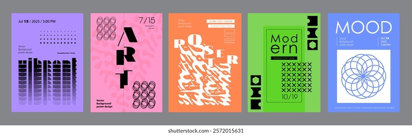 Abstract cover typography template. Posters layouts with dynamic expressive compositions with halftone distortion and glitch effect, fractals. Modern banners set in retro design. Vector illustration.