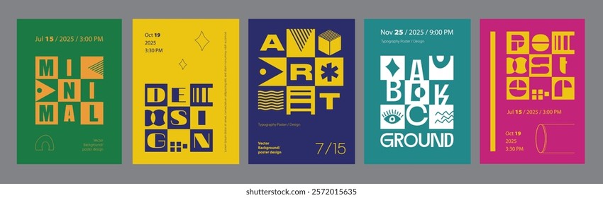 Abstract cover typography template. Posters layouts with trendy colourful text compositions with playful bold forms and decorative elements. Modern banners set in retro design. Vector illustration.