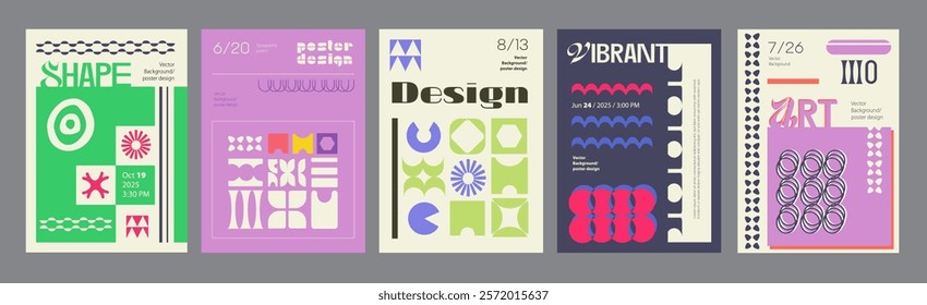 Abstract cover typography template. Posters layouts with minimalist compositions with geometric shapes, simple naive symbols, organic forms. Modern banners set in retro design. Vector illustration.