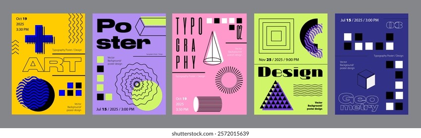 Abstract cover typography template. Posters layouts with vibrant geometric compositions of dynamic striped circle, pyramid, cylinder, triangle. Modern banners set in retro design. Vector illustration.