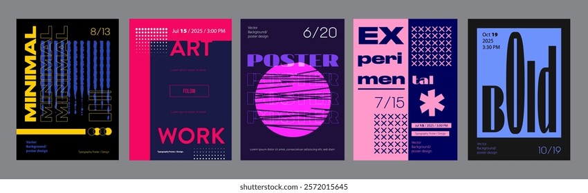 Abstract cover typography template. Posters layouts with graphic bright compositions with dots, grids, striped circles, clean simple geometric. Modern banners set in retro design. Vector illustration.