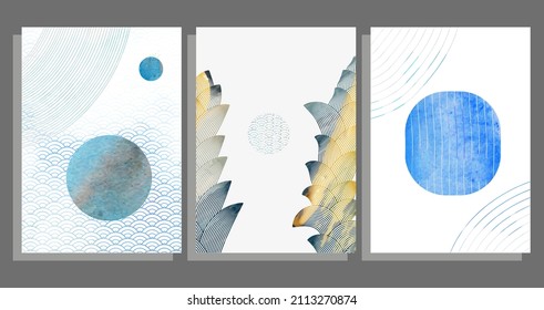 cubiertas abstractas a4 con patrones de onda geométrica oriental, círculos, conjunto de fondo de vector follaje