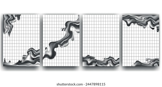 Abstract covers design set with abstract liquid shapes on checkered background.Vector Minimal retro design 