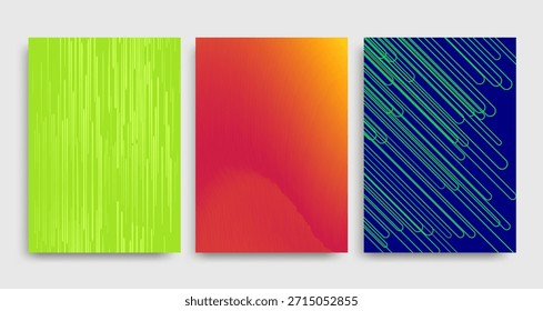 El Abstractas cubre Gradientes verdes y naranjas fluorescentes. Líneas geométricas y texturas onduladas de diseño moderno de moda. Los fondos de Vector mínimos se adaptan a folletos o carteles.
