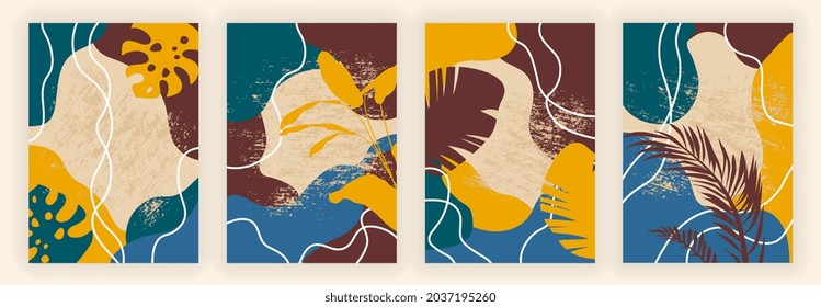 Cubiertas abstractas establecidas. Pinturas luminosas para la decoración de los apartamentos. Patrones inusuales multicolores, formas orgánicas. Imagen para imprimir en tela. Ilustraciones vectoriales planas aisladas en fondo blanco