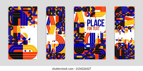 Abstract covers vector designs set, geometric modern art theme, colorful artistic illustrations as a backgrounds with places for text.