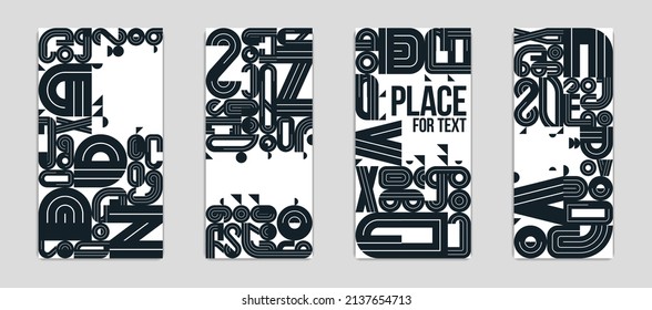 Abstract covers vector designs set, geometric modern art theme, colorful artistic illustrations as a backgrounds with places for text, black and white.