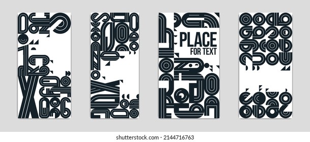 Abstract covers vector designs set, geometric modern art theme, colorful artistic illustrations as a backgrounds with places for text, black and white.