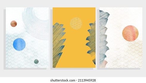 abstract covers  witn east wave patterns, circles, foliage vector background set