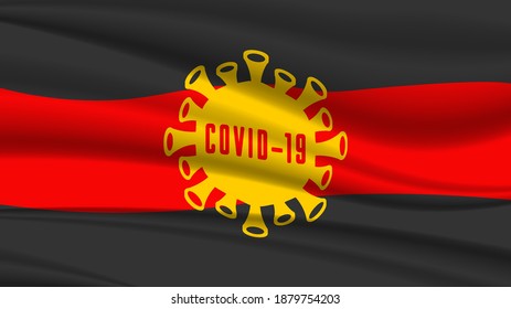 Abstract covid-19 flag with clipping mask. Black and red wavy tissue with a yellow virus in the center. EPS10