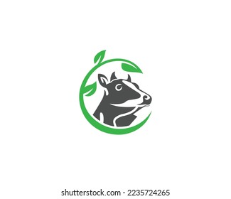 Abstract Cow Farm Logo Design With Circle Green Leaf Symbol Vector Template.