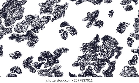 Abstract cow. Grunge spots pattern. Vector texture dog monochrome fur. Art free form blots and dot. Hand drawn animal skin with shabby effect. Crayon textile on transparent backdrop. Cattle farm print