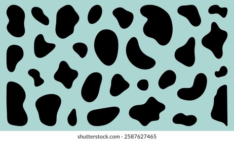 Abstract cow print pattern with irregular black spots on a light blue background. Cow print design with unique shapes. Perfect for cow print enthusiasts. Black shape vector set.