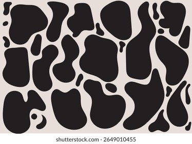 Abstract cow print pattern with irregular black spots on a beige background. Ideal for textiles, backgrounds, packaging, branding, and farmhouse-style designs.