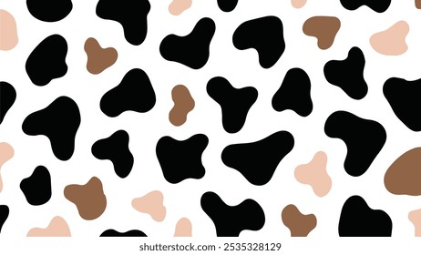 Vetor de padrão de impressão de vaca abstrato. Textura de pele de vaca com cores abstratas preto, marrom e creme.