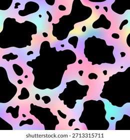 Abstract cow rainbow seamless pattern. Vector animal skin print, cute black dalmatian spots on holographic background. Natural stylized spotted foil texture for textile, fabric, decor, cover, wrapping