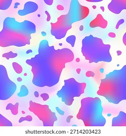 Abstract cow rainbow seamless pattern. Vector animal skin print, cute holographic dalmatian spots on foil gradient background. Natural stylized spotted texture for textile, decoration, cover, wrapping