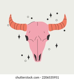 Abstract cow skull boho illustration. Bull character in cartoon style. Mystical concept with Bull skull and stars for sticker print design, logo, icon, T-shirt, hoodie fashion design. Vector art