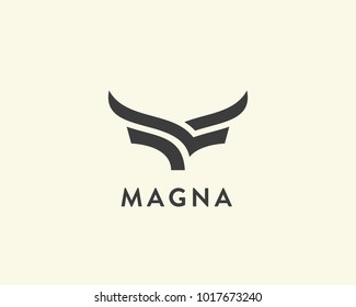 Abstract cow steak premium logo design. Creative bull horns line icon symbol. Luxury wings bird logotype.