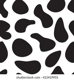 Abstract cows spotted vector seamless pattern background, cow and calf black spots on white backdrop, used on websites of eco organic dairy farms and milk, meat, beef shops advertisement