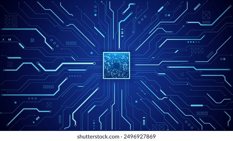 Abstract CPU chip with glowing pixels on technology circuit board. Digital semiconductor or computer processor on a motherboard. Tech bg. Electronic and Computer concept. Light vector illustration