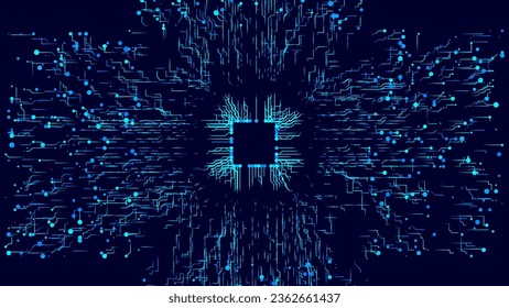 Abstract CPU Computer Microchip Technology Circuit Board Background. Motherboard Digital GPU Chip Blue Banner. Cyber Vector Illustration.