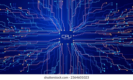 Resumen del fondo de la placa del circuito de la tecnología de microchip de la CPU. Transferencia de datos digitales a través de las líneas tecnológicas. Pancarta azul de chip GPU digital de tarjeta madre. Ilustración del vector cibernético.