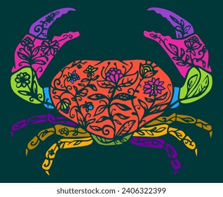 Silueta de cangrejo abstracto con elementos botánicos abstractos en estilo retro. Ilustración vintage floral dibujada a mano. Composición de diseño de vectores para impresión, tatuaje.